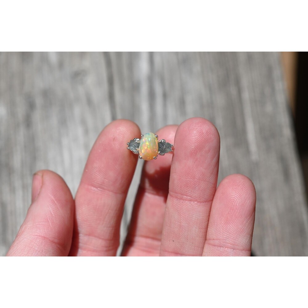 Engagement ring Radiant Opal & Montana Sapphire Ring in Sterling Silver – Unique